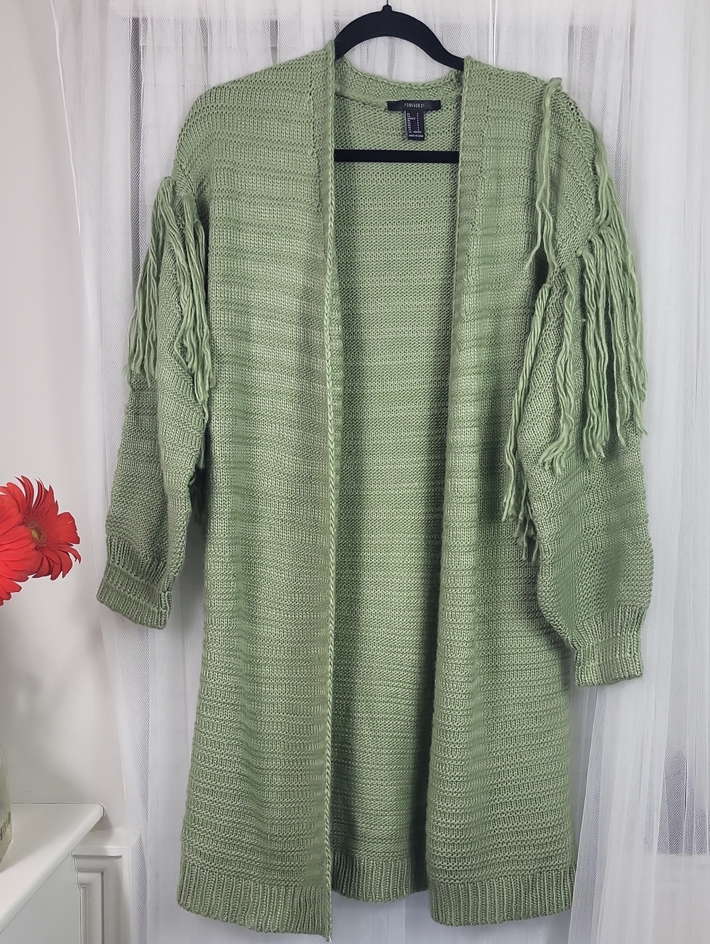 Forever 21 Sage Green Fringe Open Cardigan. Size S